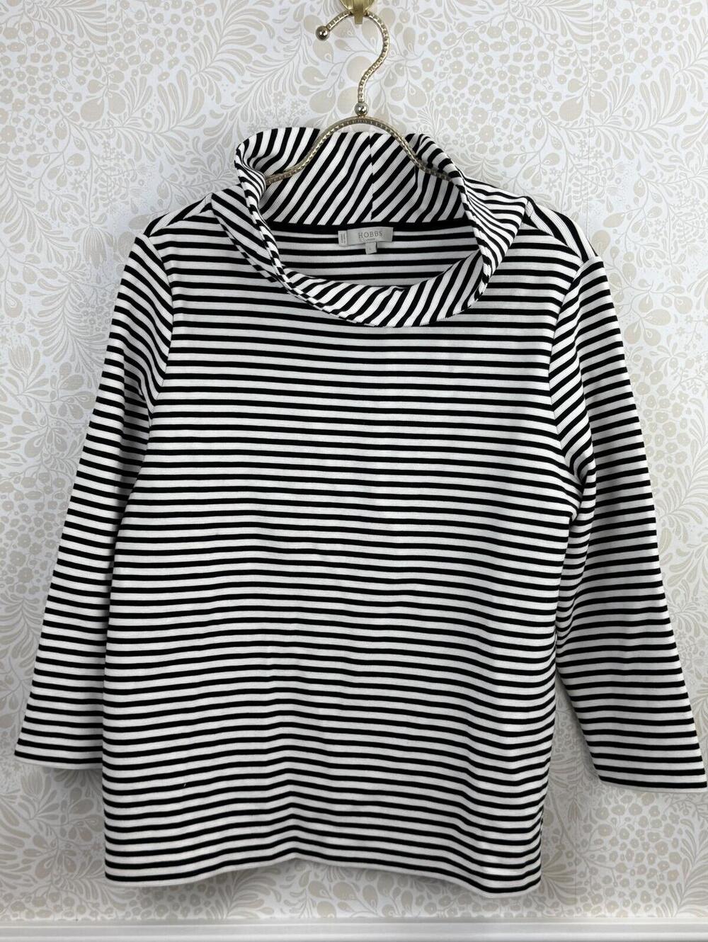 HOBBS London Black & White Striped Tali 3/4 Sleeve Roll Neck Top - Size - Large - Picture 8 of 8